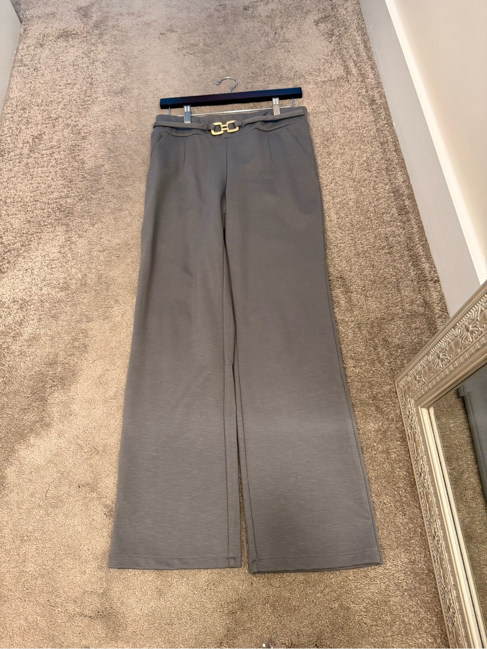Straight Leg Stretchy Grey Dress Petite Pants with Gold Buckle